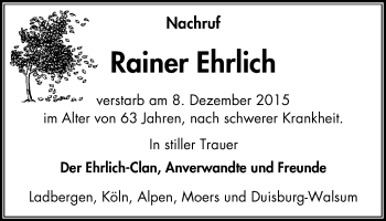Traueranzeige von Rainer Ehrlich von Wochen-Anzeiger Duisburg
