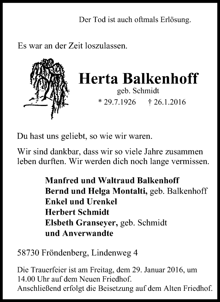  Traueranzeige für Herta Balkenhoff vom 27.01.2016 aus Stadtspiegel Menden + Froendenberg