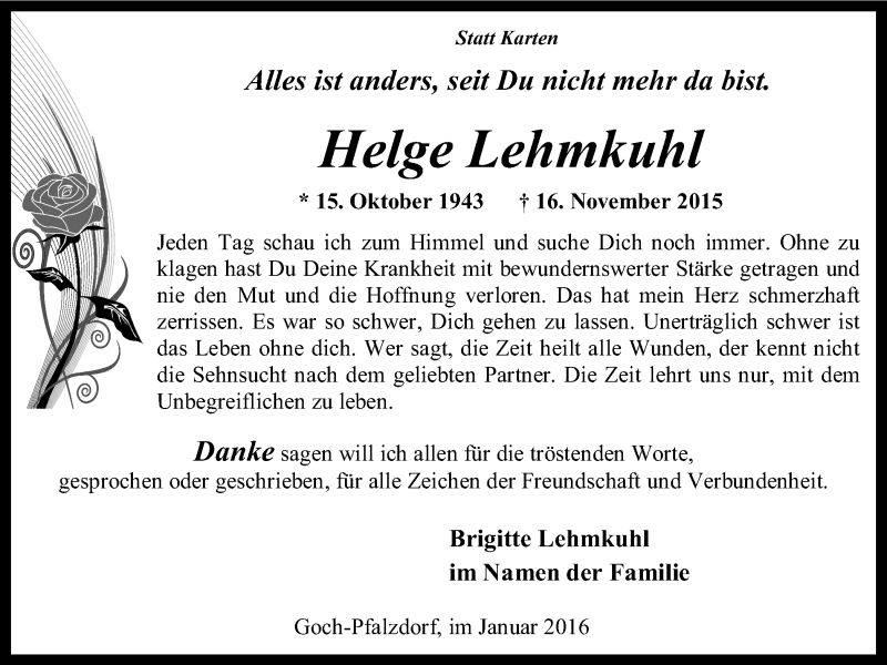  Traueranzeige für Helge Lehmkuhl vom 09.01.2016 aus Gocher Wochenblatt
