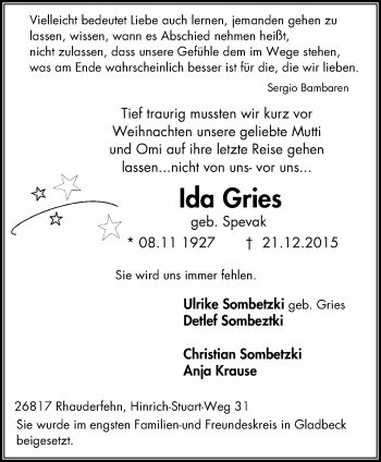 Traueranzeige von Ida Gries von Stadtspiegel Gladbeck
