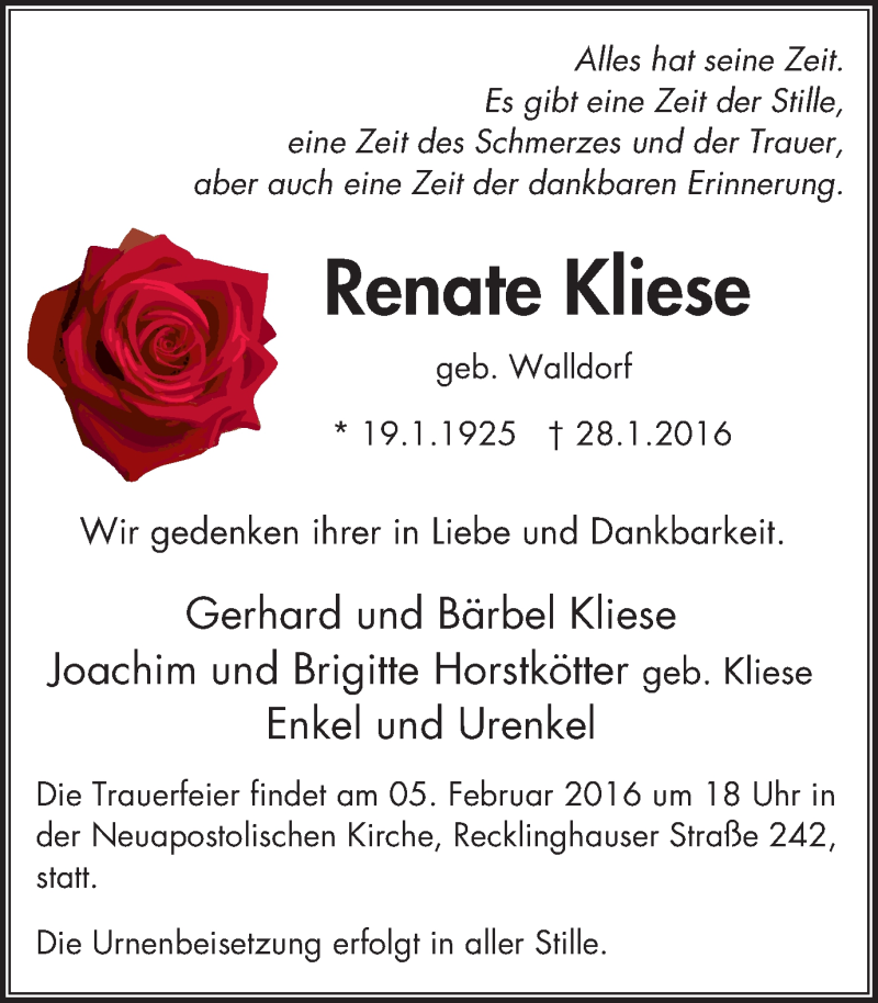  Traueranzeige für Renate Kliese vom 30.01.2016 aus Stadtanz.Castrop-Rauxel