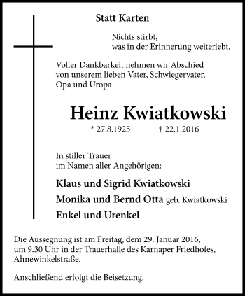 Traueranzeige von Heinz Kwiatkowski von Nord Anzeiger Essen