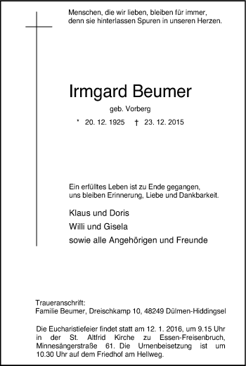 Traueranzeige von Irmgard Beumer von Stadtspiegel Essen