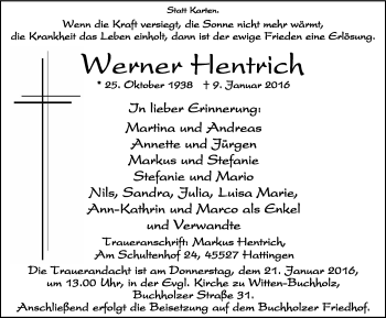 Traueranzeige von Werner Hentrich von Witten aktuell