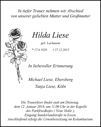 Traueranzeige von Hilda Liese von Kettwig Kurier