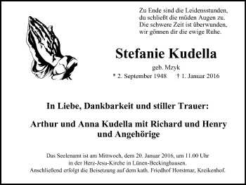 Traueranzeige von Stefanie Kudella von Lüner Anzeiger