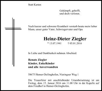 Traueranzeige von Heinz-Dieter Ziegler von Stadtspiegel Iserlohn + Hemer