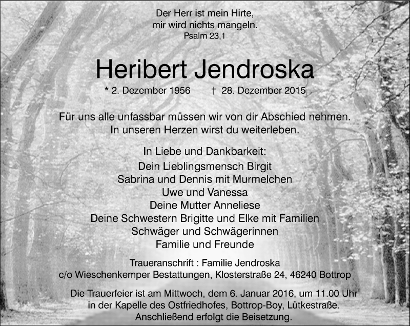  Traueranzeige für Heribert Jendroska vom 02.01.2016 aus Stadtspiegel Bottrop