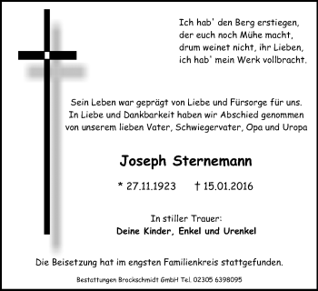 Traueranzeige von Joseph Sternemann von Stadtanz.Castrop-Rauxel