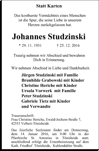 Traueranzeige von Johannes Studzinski von Stadtanzeiger Velbert + Heiligenhaus