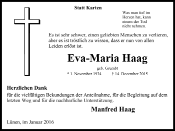 Traueranzeige von Eva-Maria Haag von Lüner Anzeiger