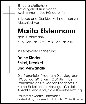 Traueranzeige von Marita Elstermann von Stadtspiegel Bochum + Wattenscheid