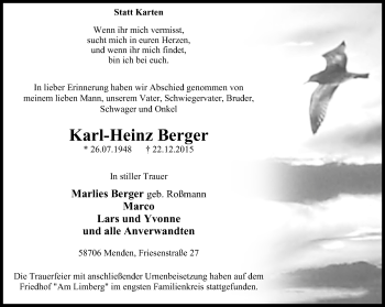 Traueranzeige von Karl-Heinz Berger von Stadtspiegel Menden + Froendenberg