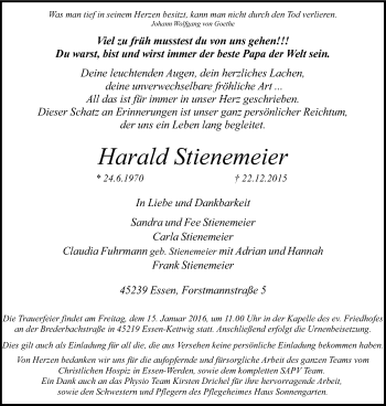 Traueranzeige von Harald Stienemeier von Kettwig Kurier