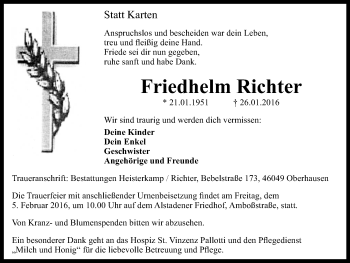 Traueranzeige von Friedhelm Richter von Wochen-Anzeiger Oberhausen