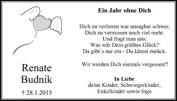 Traueranzeige von Renate Budnik von Stadtanz.Castrop-Rauxel