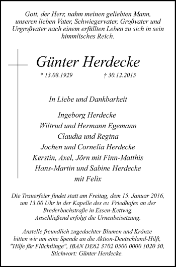 Traueranzeige von Günter Herdecke von Kettwig Kurier