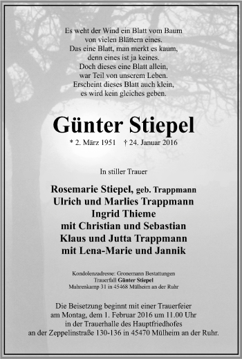 Traueranzeige von Günter Stiepel von Mülheimer Woche