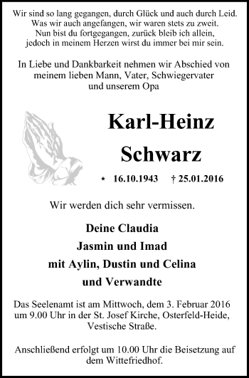 Traueranzeige von Karl-Heinz Schwarz von Wochen-Anzeiger Oberhausen