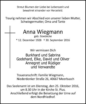 Traueranzeige von Anna Wiegmann von Stadtspiegel Bottrop