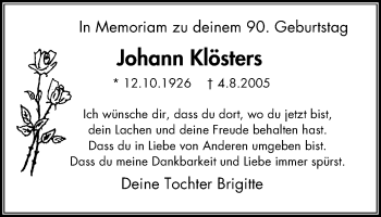 Traueranzeige von Johann Klösters von Wochen-Anzeiger Oberhausen