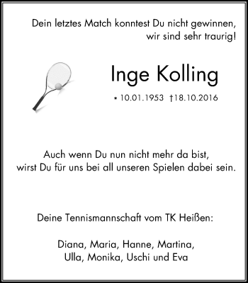 Traueranzeige von Inge Kolling von Mülheimer Woche
