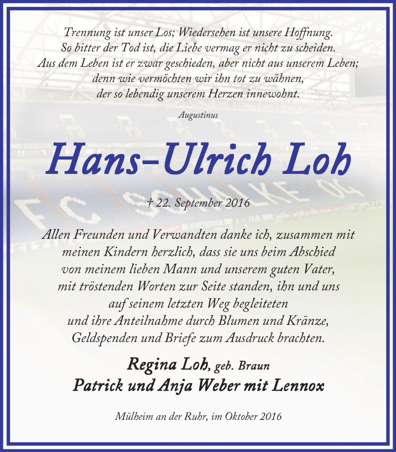  Traueranzeige für Hans-Ulrich Loh vom 29.10.2016 aus Mülheimer Woche