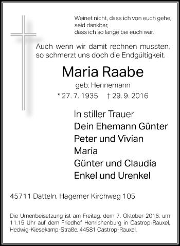Traueranzeige von Maria Raabe von Stadtanz.Castrop-Rauxel