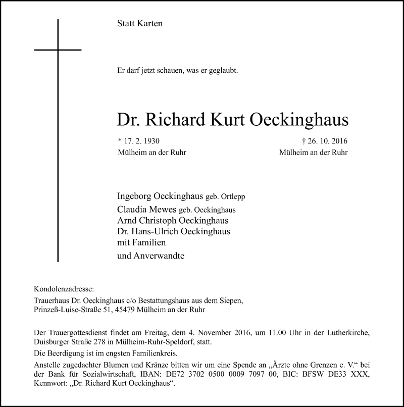  Traueranzeige für Richard Kurt Oeckinghaus vom 29.10.2016 aus Mülheimer Woche