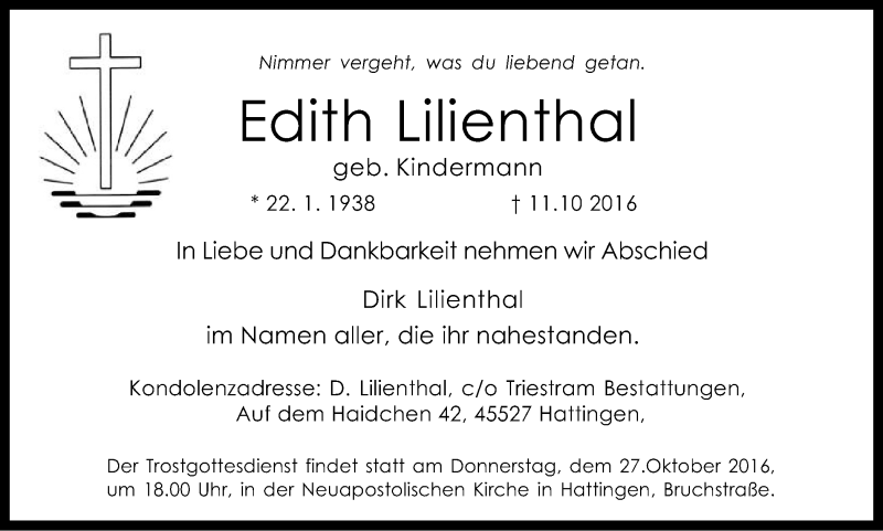  Traueranzeige für Edith Lilienthal vom 26.10.2016 aus Stadtspiegel Hattingen/Niedersprockhövel