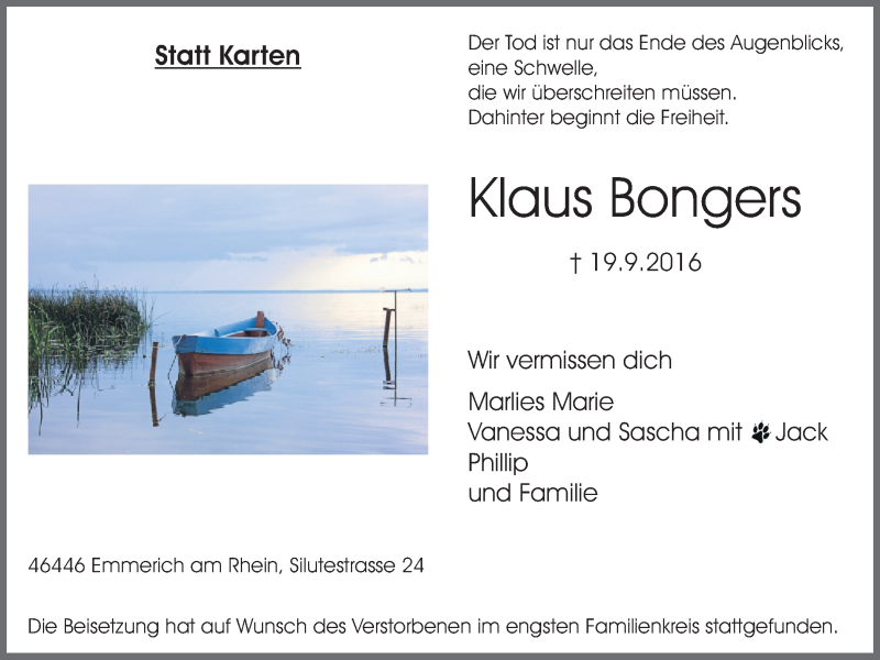 Traueranzeige für Klaus Bongers vom 01.10.2016 aus Stadtanzeiger Emmerich/Rees/Isselburg