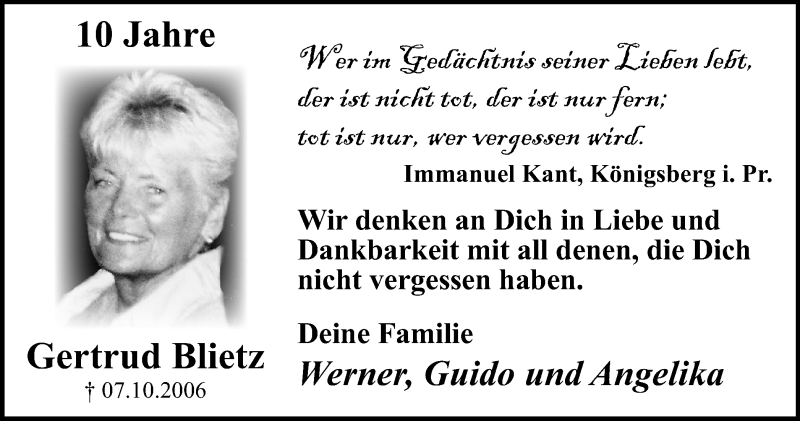  Traueranzeige für Gertrud Blietz vom 08.10.2016 aus Gocher Wochenblatt