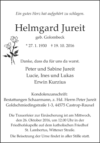 Traueranzeige von Helmgard Jureit von Stadtanz.Castrop-Rauxel