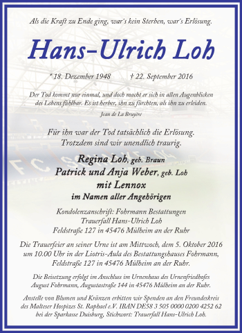 Traueranzeige von Hans-Ulrich Loh von Mülheimer Woche