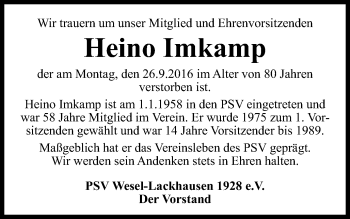 Traueranzeige von Heino Imkamp von Der Weseler + Der Xantener