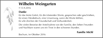 Traueranzeige von Wilhelm Weingarten von Stadtspiegel Bochum