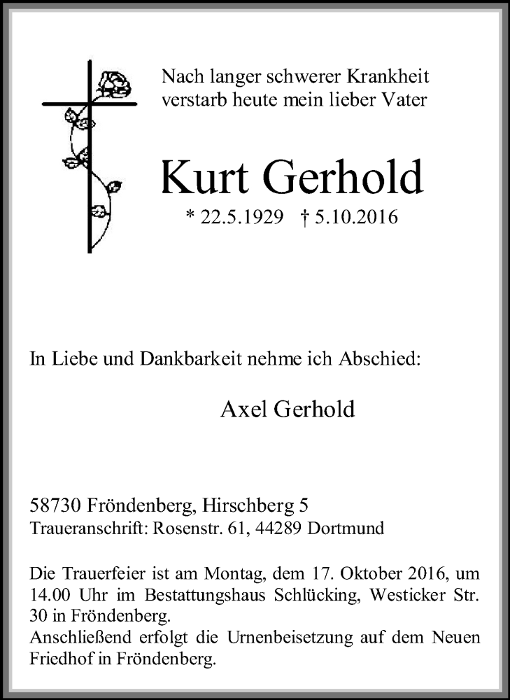  Traueranzeige für Kurt Gerhold vom 08.10.2016 aus Stadtspiegel Menden + Froendenberg