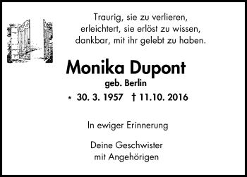 Traueranzeige von Monika Dupont von Wochen-Anzeiger Oberhausen