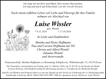 Traueranzeige von Luise Wissler von Kettwig Kurier