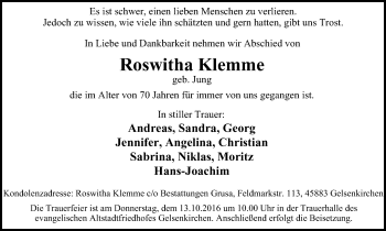 Traueranzeige von Roswitha Klemme von Stadtspiegel Gelsenkirchen