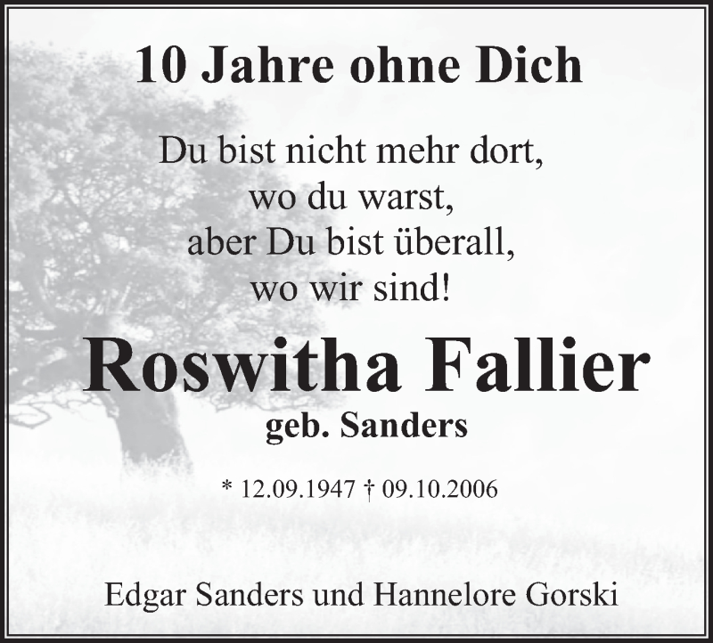  Traueranzeige für Roswitha Fallier vom 08.10.2016 aus Klever Wochenblatt