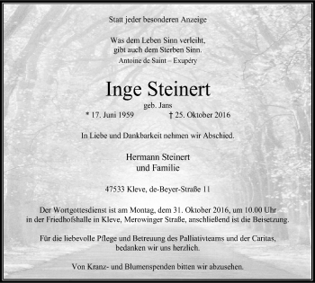 Traueranzeige von Inge Steinen von Klever Wochenblatt
