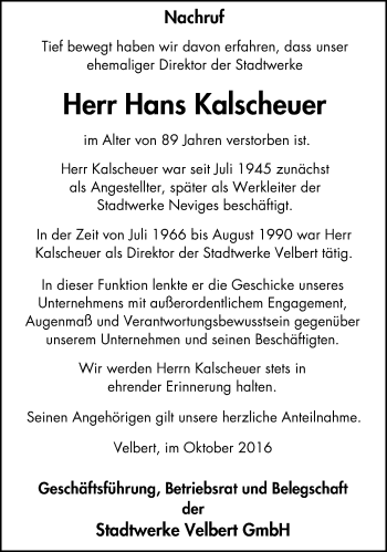 Traueranzeige von Hans Kalscheuer von Stadtanzeiger Velbert + Heiligenhaus