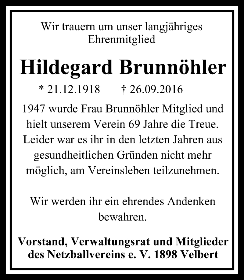  Traueranzeige für Hildegard Brunnöhler vom 15.10.2016 aus Stadtanzeiger Velbert + Heiligenhaus