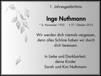 Traueranzeige von Inge Nuthmann von Stadtanzeiger Velbert + Heiligenhaus