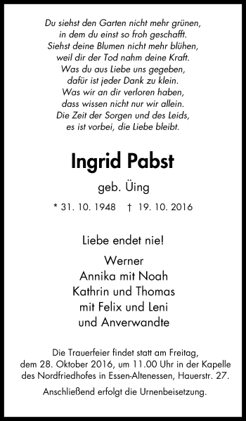 Traueranzeige von Ingrid Pabst von Nord Anzeiger Essen