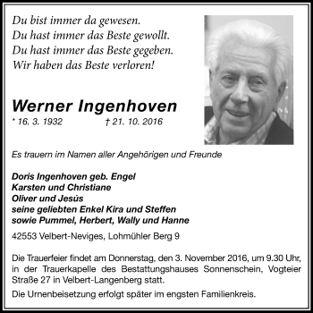 Traueranzeige von Werner Ingenhoven von Stadtanzeiger Velbert + Heiligenhaus