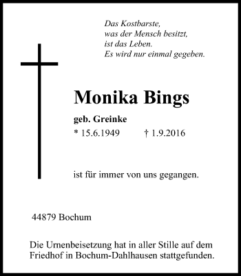 Traueranzeige von Monika Bings von Stadtspiegel Bochum