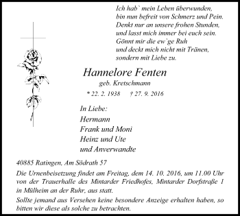 Traueranzeige von Hannelore Fenten von Kettwig Kurier