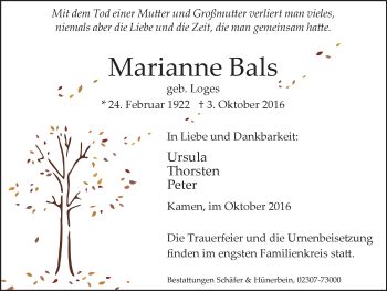 Traueranzeige von Marianne Bals von Stadtspiegel Kamen + Unna